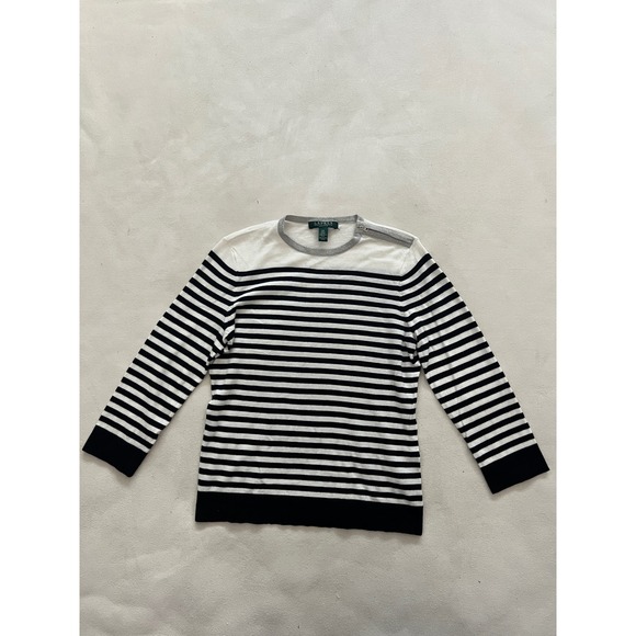 Lauren Ralph Lauren Sweaters - Lauren Ralph Lauren Petite Striped Sweater White Black Gray Zip Shoulder Cotton